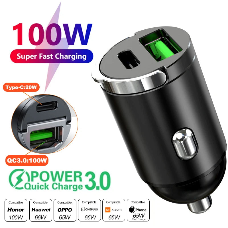 Mini cargador de coche QC3.0 PD de 100W/200W, 12-24V, de carga rápida mechero, USB tipo C, para Xiaomi, Samsung, Huawei, iPhone