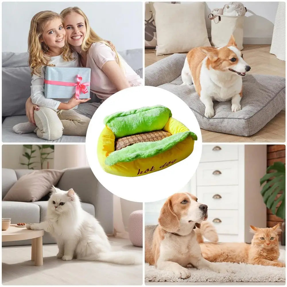 Dog Calming Bed, Detachable Hot Dog Shape Stuffed Pet Bed, Non-Slip Base with Zipper