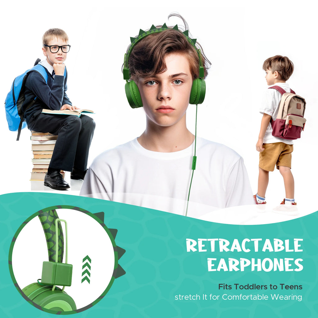 Auriculares de dinosaurio con cable para niños, auriculares con micrófono y bonitos límite de volumen de 85dB para iPad/Kindle/Fire Tablet