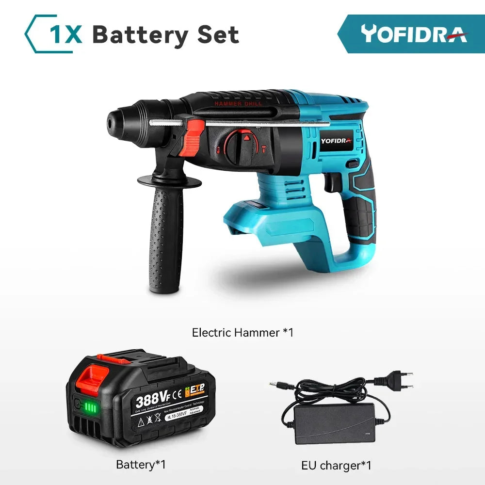 YOFIDRA-martillo eléctrico sin escobillas de 26MM, taladro rotativo multifuncional inalámbrico, herramientas eléctricas recargables para batería Makita de 18V