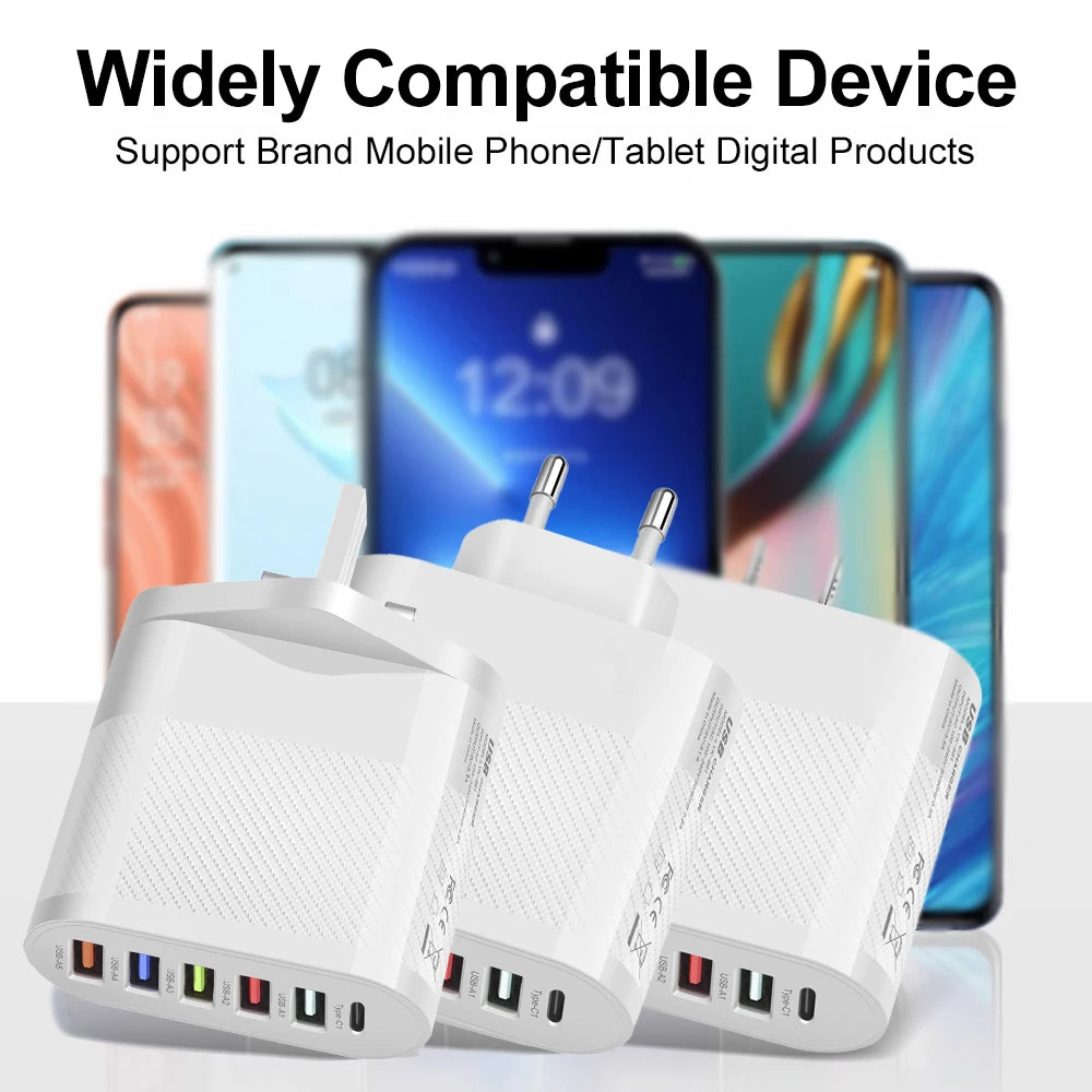 Cargador USB tipo C de 6 puertos, adaptador de carga rápida PD, carga rápida 3,0, enchufe de pared para teléfono iPhone, Samsung, Xiaomi, Huawei, #3