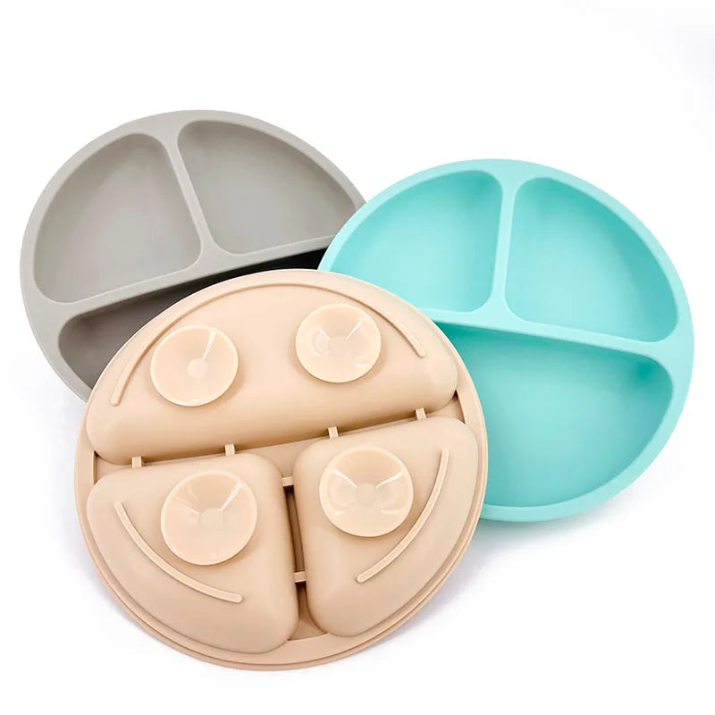 Juego de vajilla de silicona para niños, 4 piezas, plato de cena de silicona con mango de madera, cuchara, tenedor, Baberos de silicona sin BPA
