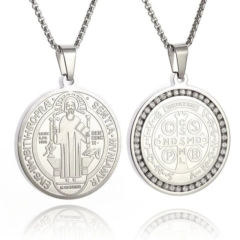 Men's Catholic Saint Benedict Medal Stainless Steel Pendant Necklace 