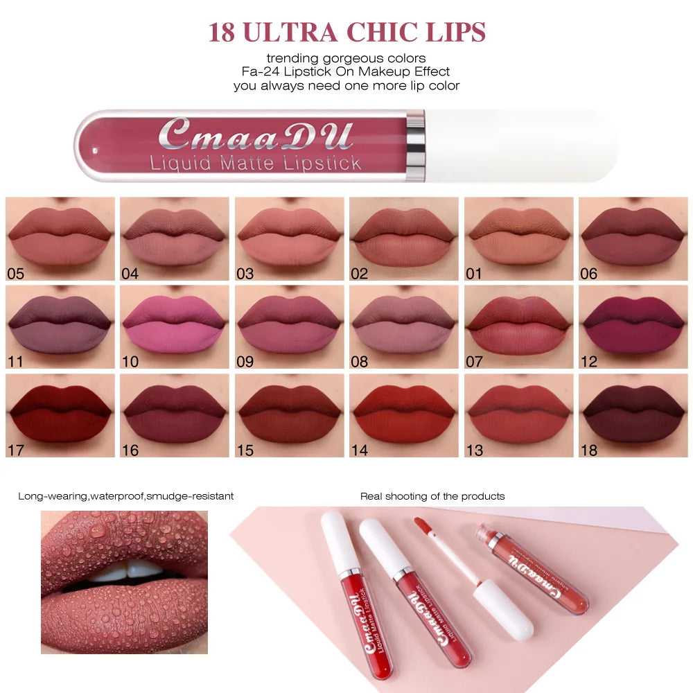 Brillo de labios mate de terciopelo de larga duración para mujer, lápiz labial líquido, maquillaje de labios, belleza roja, taza antiadherente, brillo de labios impermeable, 18 colores