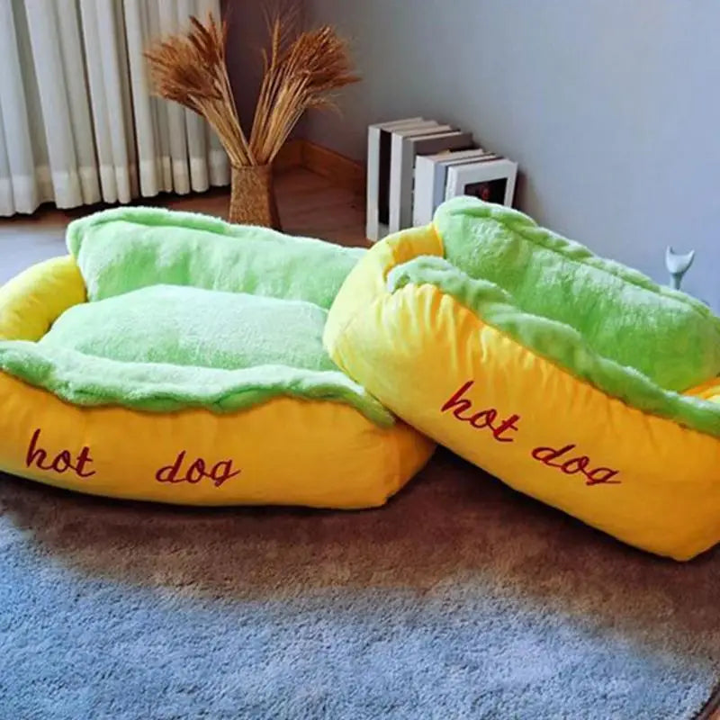 Dog Calming Bed, Detachable Hot Dog Shape Stuffed Pet Bed, Non-Slip Base with Zipper