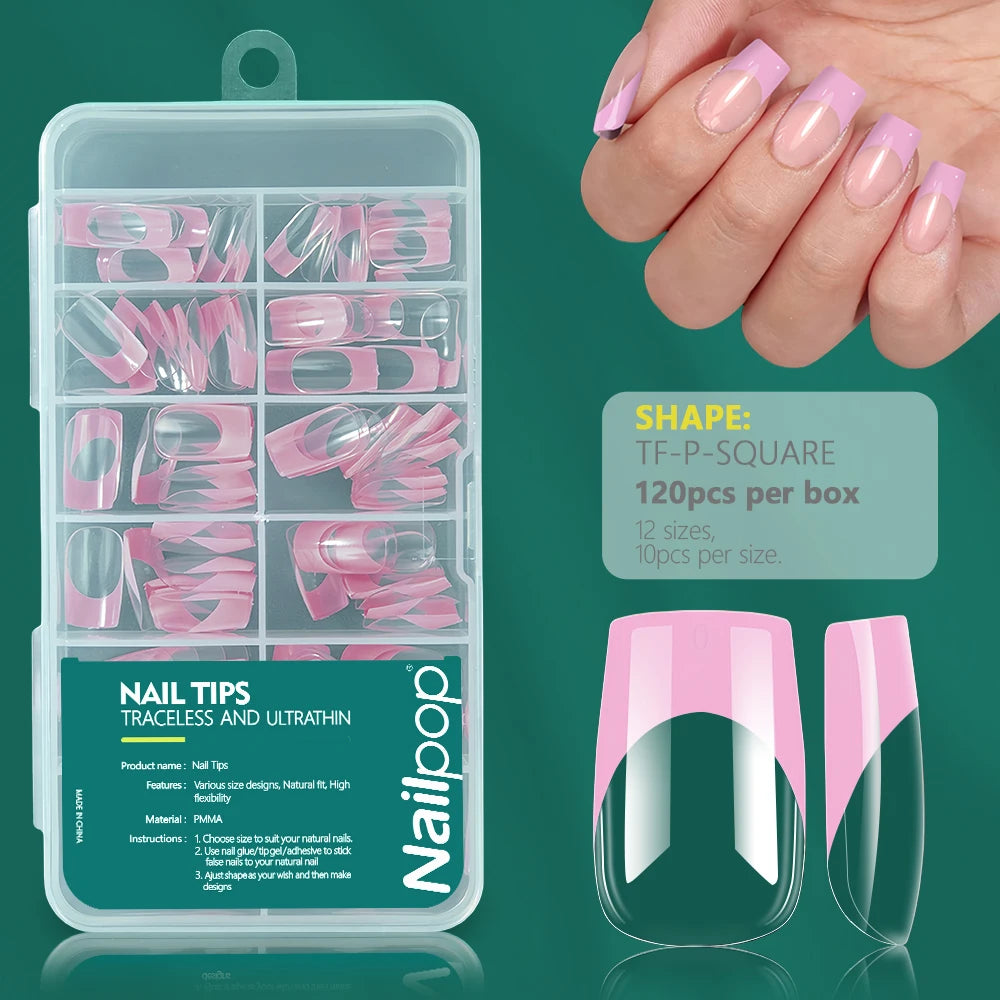 Nailpop-Uñas acrílicas de 120 piezas, cápsula falsa, almendra corta, ataúd cuadrado, extensión de uñas artificiales, puntas de Gel suave, accesorios, herramientas