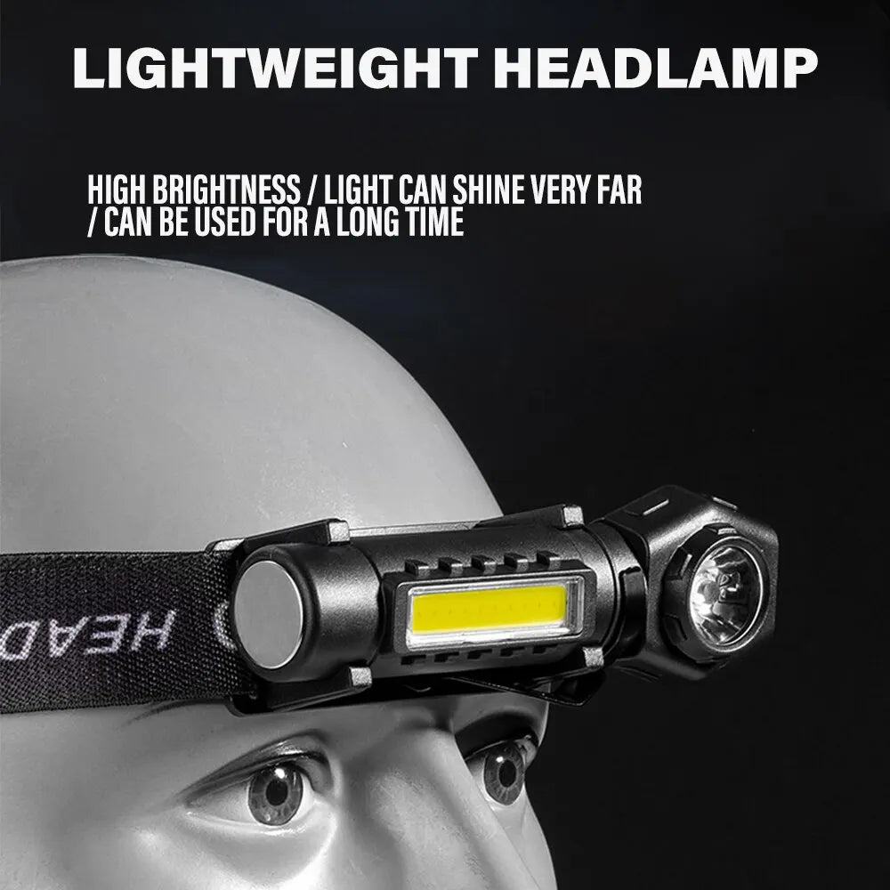 Linterna frontal LED superbrillante recargable con cuentas COB XPE e imán trase