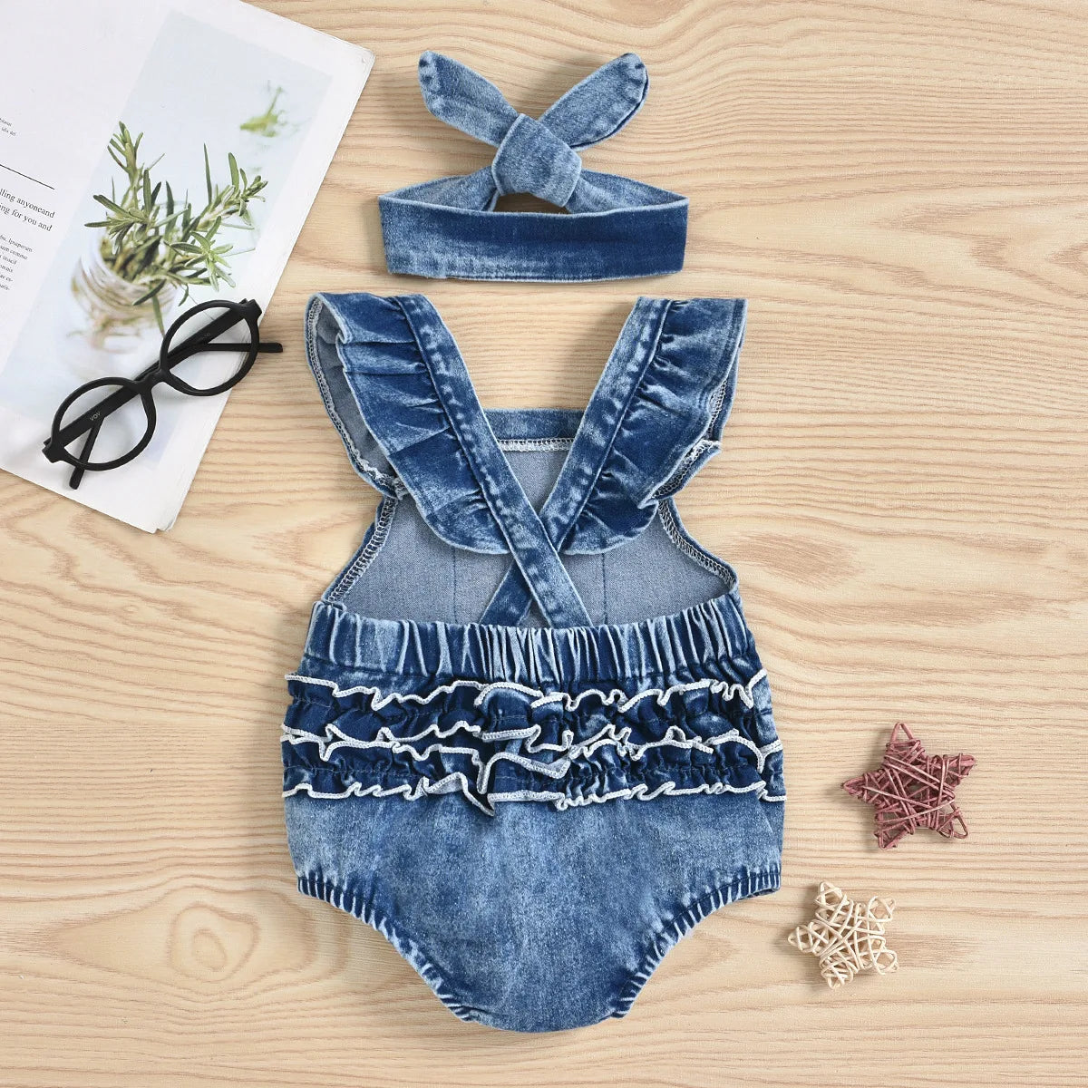 Boys and Girls Sleeveless Denim Triangle Pajamas Crawling Clothes 