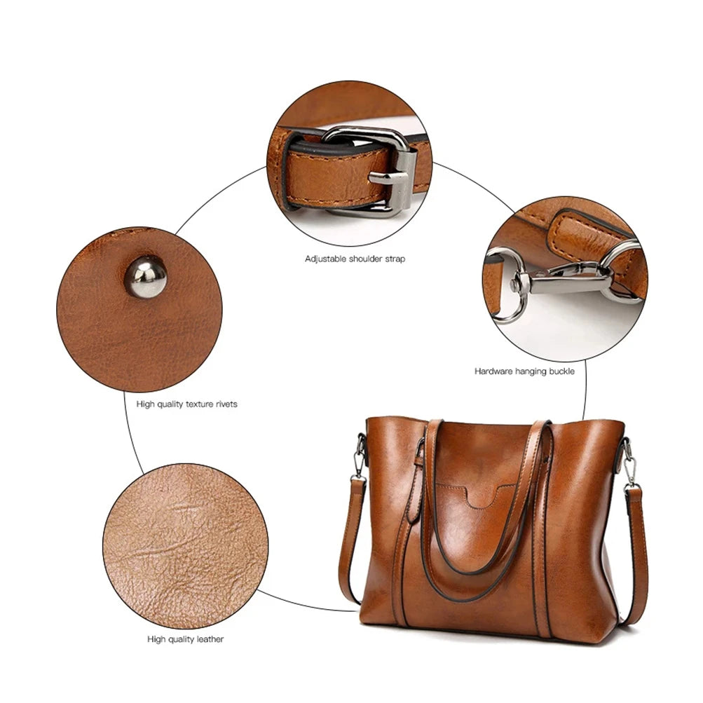 Bolsos de hombro de cuero con cera de aceite para mujer, bolso cruzado Vintage,