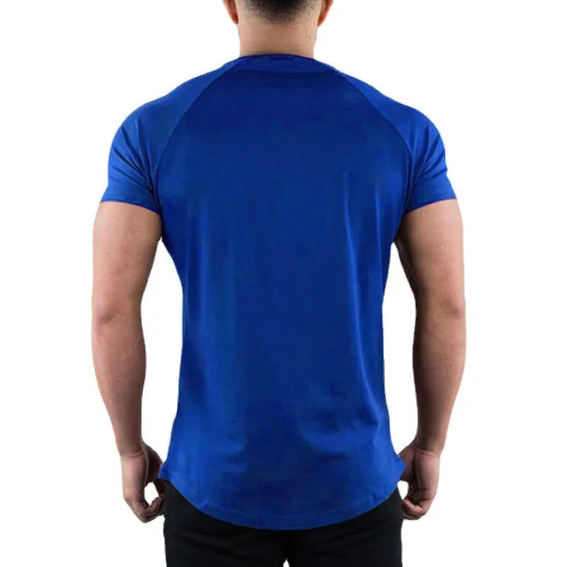 Men's Solid Gym T-shirt Summer Fitness Clothing Short Sleeve O-Neck T-shirt Cotton Slim Fit Bodybuilding Workout Tops