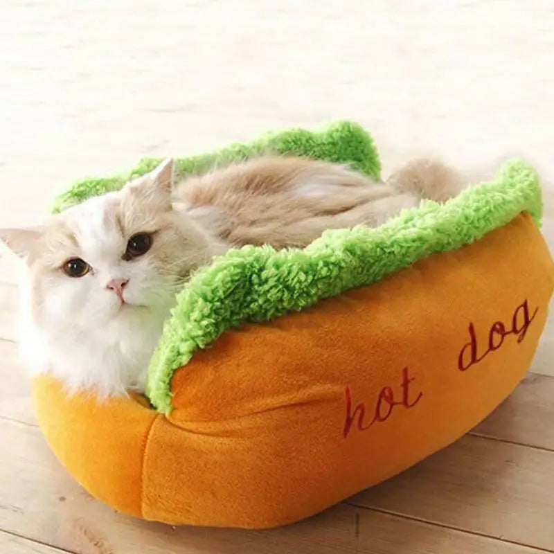 Dog Calming Bed, Detachable Hot Dog Shape Stuffed Pet Bed, Non-Slip Base with Zipper