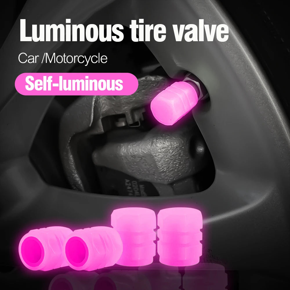 Tapas de válvulas luminosas para neumáticos de coche, cubierta fluorescente de 1/4 piezas que brilla en la oscuridad, rueda para tapones de motocicleta y bicicleta, decoración de cubo de neumático