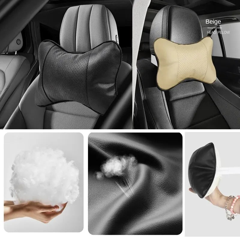 Almohadas universales de cuero Pu para el cuello del coche, reposacabezas para aliviar el dolor de cabeza, relleno de fibra, paquete de 1 piezas