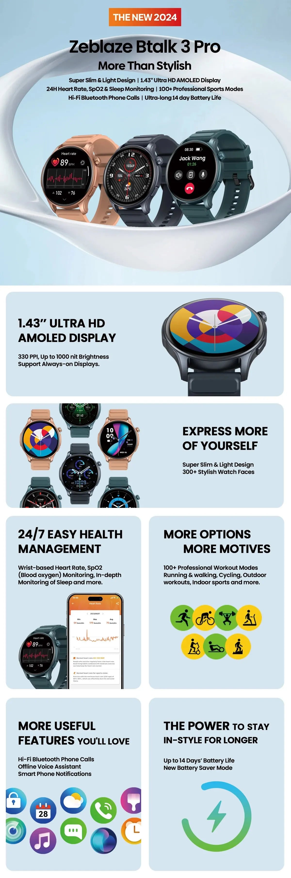 Zeblaze Btalk 3 PRO AMOLED Screen Hi-Fi Smart Watch B 