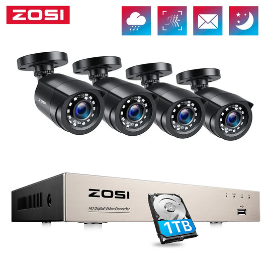 ZOSI-Sistema de videovigilancia CCTV para exteriores, videocámara de seguridad con 8 canales, 1080P, 5MP, Lite, DVR, 2/4/6/8 piezas, 2MP, con cable, día/noche