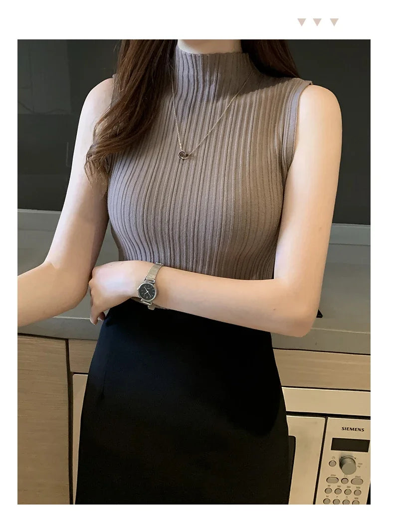 Women's Thin Knitted Sleeveless Sweater Half High Neck Shirt Blouse