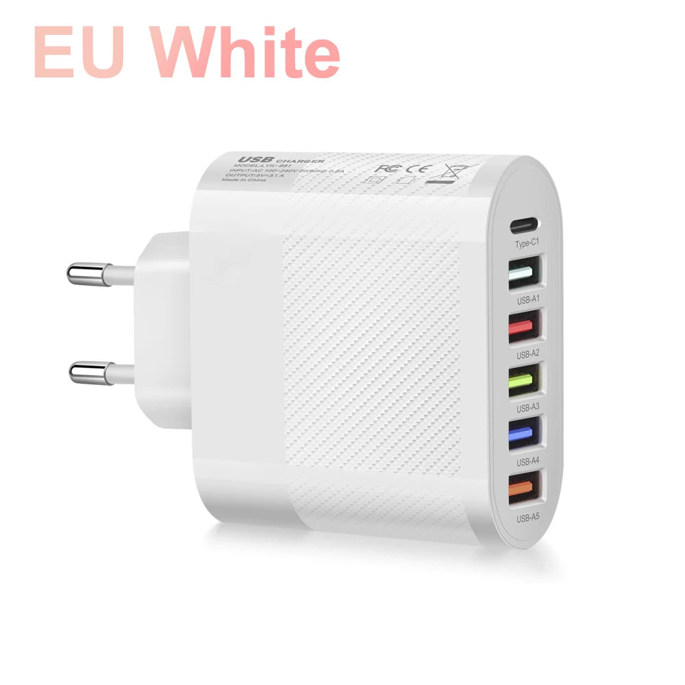 Cargador USB tipo C de 6 puertos, adaptador de carga rápida PD, carga rápida 3,0, enchufe de pared para teléfono iPhone, Samsung, Xiaomi, Huawei, #3