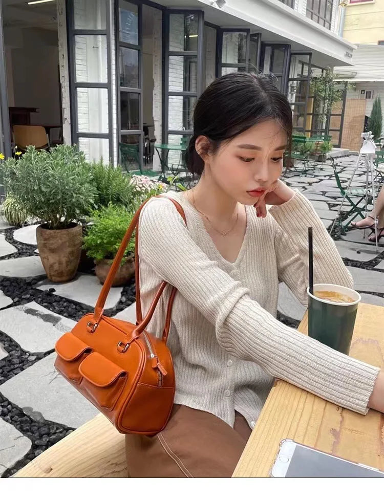 XOUHAM-Bolso Retro rojo para mujer, PU con múltiples bolsillos Cartera de cuero, de diseñador de lujo, para hombro y axilas