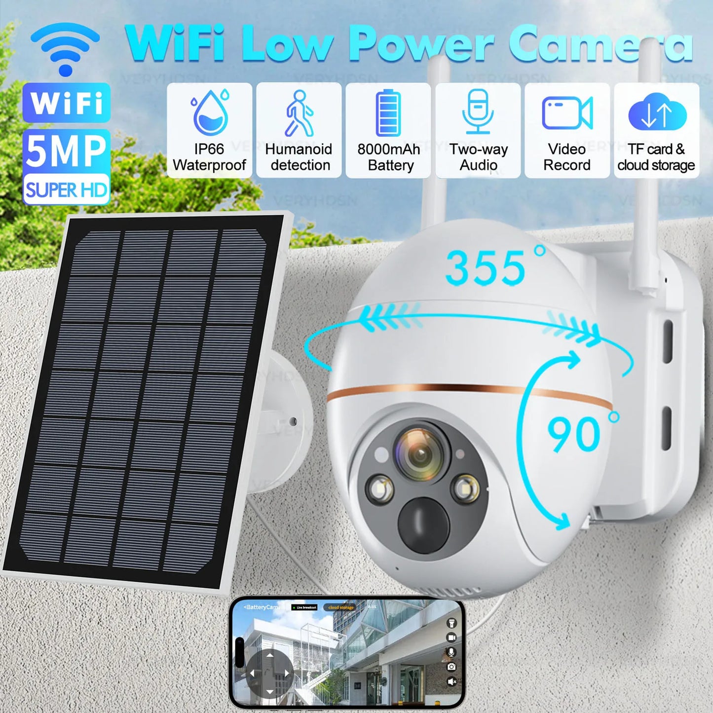 Cámara IP Solar de 5MP con WIFI, videocámara de vigilancia PTZ con batería de 8000mAh, inalámbrica, PIR, seguimiento de personas, CCTV para exteriores, HD, resistente al agua, Zoom 5X camara de vigilancia y ver por el