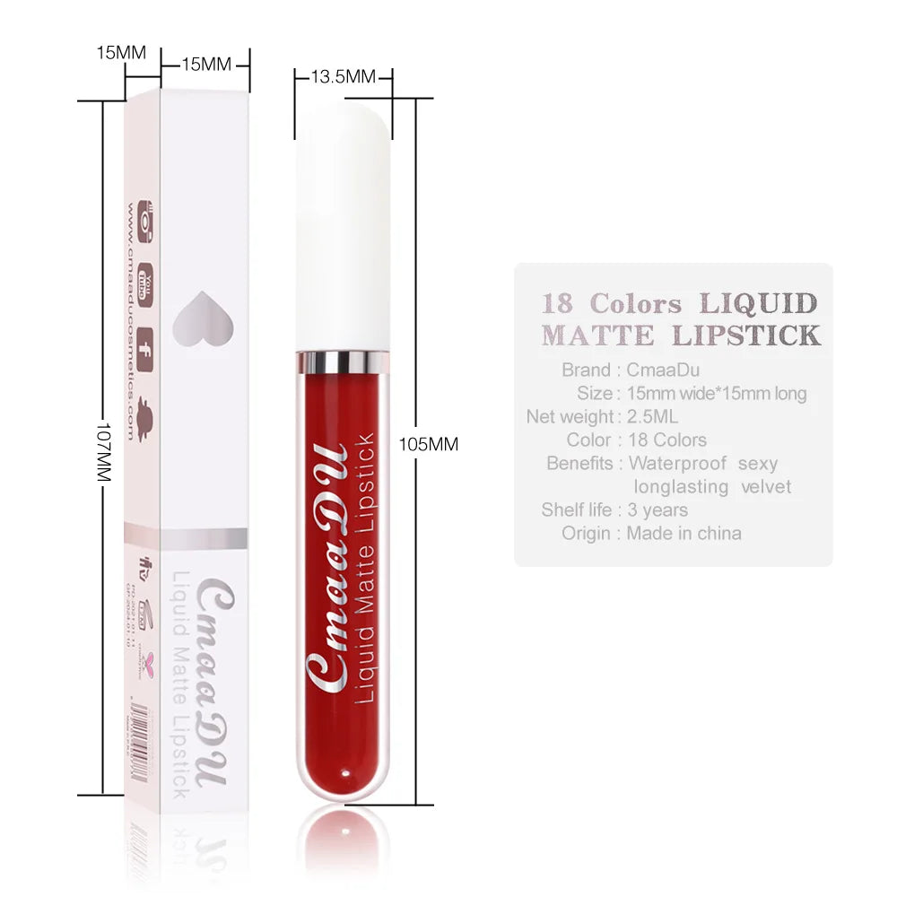 Brillo de labios mate de terciopelo de larga duración para mujer, lápiz labial líquido, maquillaje de labios, belleza roja, taza antiadherente, brillo de labios impermeable, 18 colores