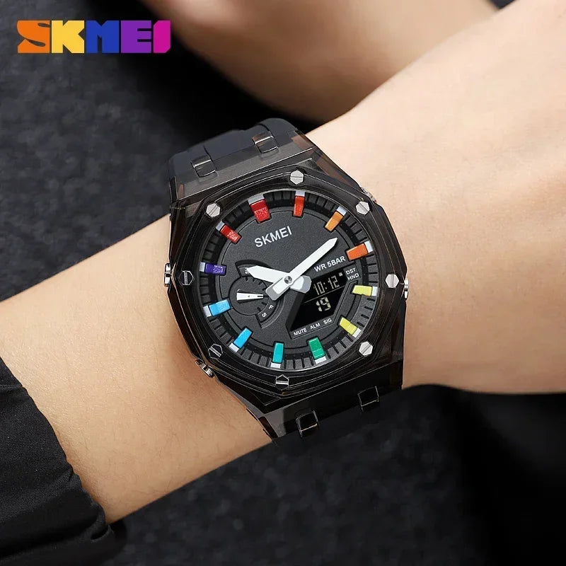 SKMEI-Reloj de pulsera electrónico para hombre, cronómetro de cuenta atrás, resistente al agua, con luz Led, movimiento, 5 despertadores, 2 tiempos, Digital, 2100