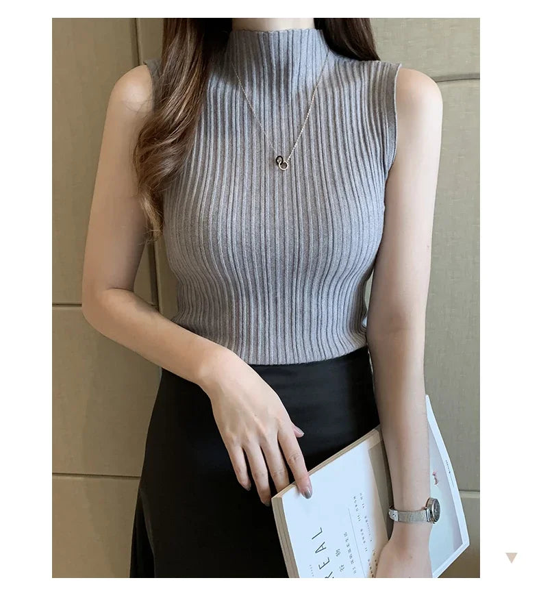 Women's Thin Knitted Sleeveless Sweater Half High Neck Shirt Blouse