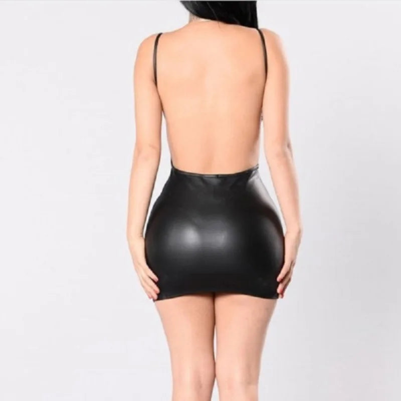 Vestido corto de piel sintética con espalda descubierta para mujer, minivestido