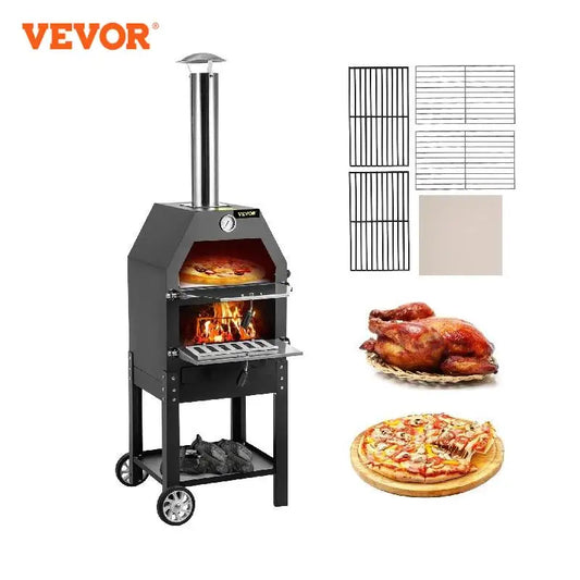 VEVOR-horno de Pizza frita de madera, horno portátil de 2 capas con ruedas y mango, ahorro de trabajo, para patio trasero, camping, parque, horneado al aire libre, 12"