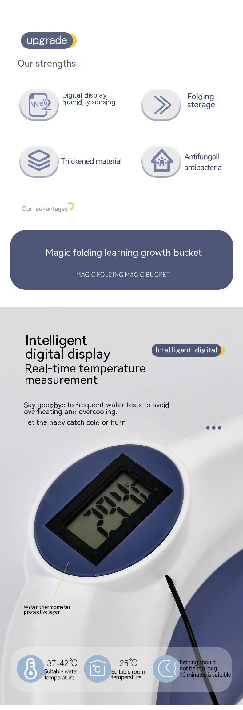 Cubo de baño de silicona para bebé, accesorio plegable con sensor de temperatu