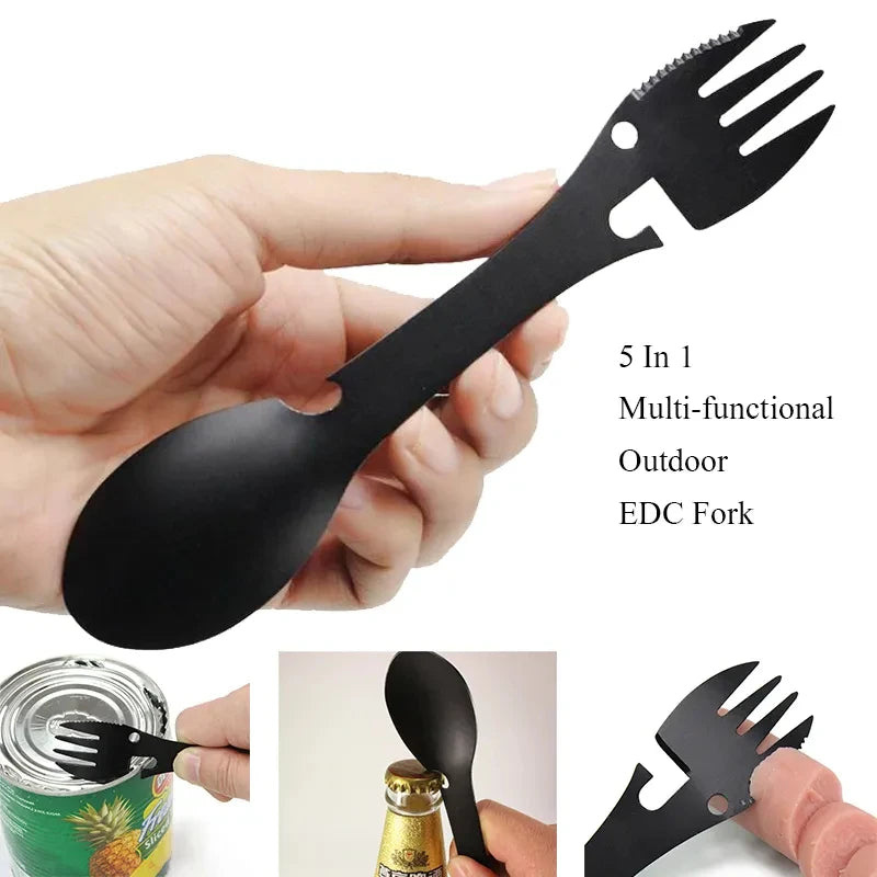 Herramientas de supervivencia al aire libre 5 en 1, Kit EDC multifuncional para acampar, práctico tenedor, cuchillo, cuchara, Abrebotellas/latas