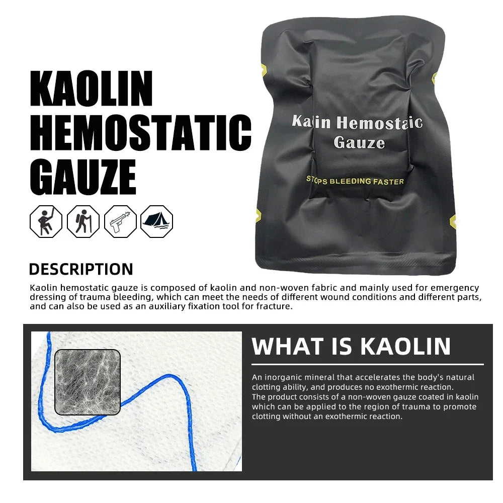 Gasa comprimida hemostática de caolín táctico, encuadernación de emergencia al aire libre, vendaje fijo para heridas de Trauma, Kits de primeros auxilios