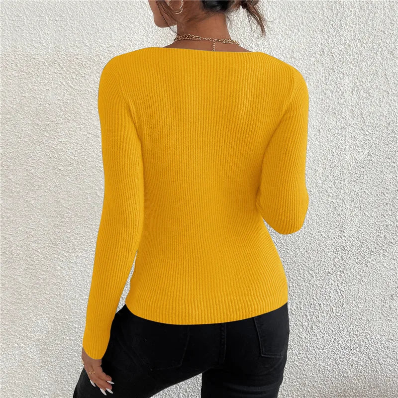 Jersey de punto de canalé liso para mujer, Jersey a rayas con cuello en V, mang