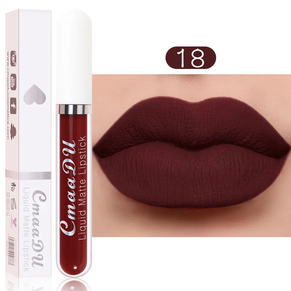 Brillo de labios mate de terciopelo de larga duración para mujer, lápiz labial líquido, maquillaje de labios, belleza roja, taza antiadherente, brillo de labios impermeable, 18 colores