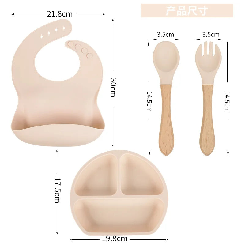 Juego de vajilla de silicona para niños, 4 piezas, plato de cena de silicona con mango de madera, cuchara, tenedor, Baberos de silicona sin BPA