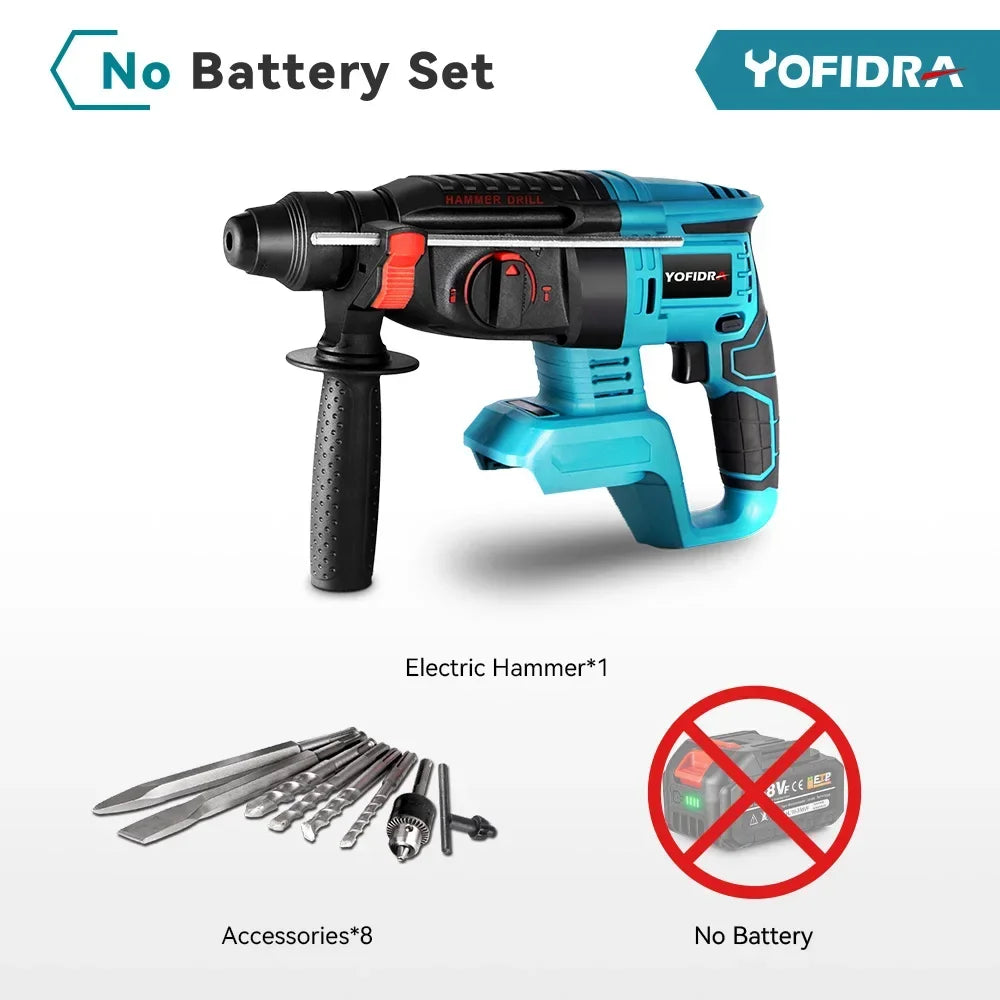 YOFIDRA-martillo eléctrico sin escobillas de 26MM, taladro rotativo multifuncional inalámbrico, herramientas eléctricas recargables para batería Makita de 18V