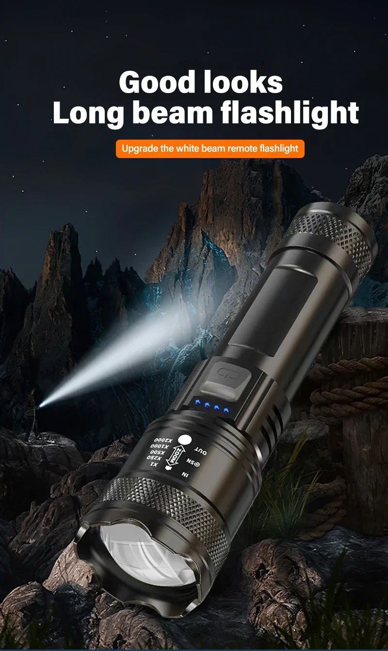 Linterna LED potente con pantalla de batería, luz recargable por USB, Zoom telescópico, lámpara de antorcha para acampar al aire libre, linterna de pesca, 9900LM