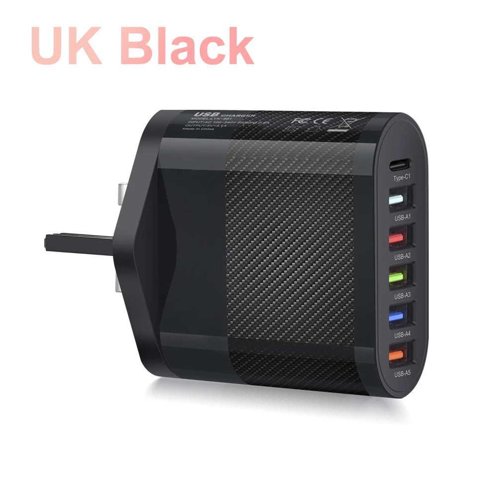 Cargador USB tipo C de 6 puertos, adaptador de carga rápida PD, carga rápida 3,0, enchufe de pared para teléfono iPhone, Samsung, Xiaomi, Huawei, #3