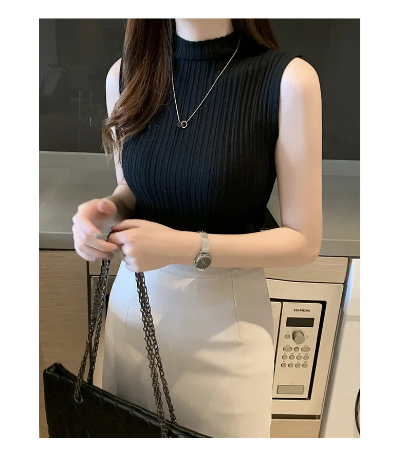 Women's Thin Knitted Sleeveless Sweater Half High Neck Shirt Blouse