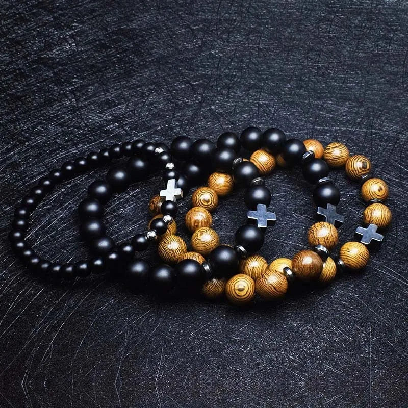 Pulsera de Cruz para hombre, Rosario religioso, cuentas de madera, pulsera de cu