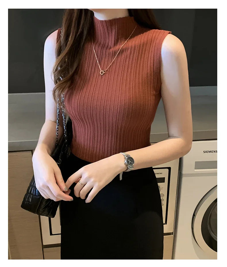 Women's Thin Knitted Sleeveless Sweater Half High Neck Shirt Blouse