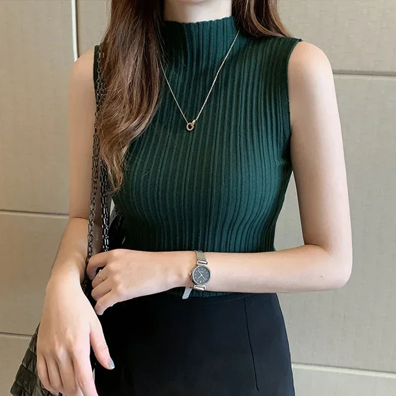 Women's Thin Knitted Sleeveless Sweater Half High Neck Shirt Blouse