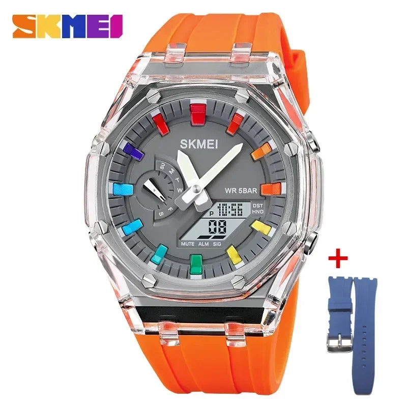 SKMEI-Reloj de pulsera electrónico para hombre, cronómetro de cuenta atrás, resistente al agua, con luz Led, movimiento, 5 despertadores, 2 tiempos, Digital, 2100