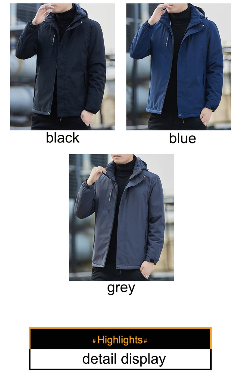 Men's Plush Waterproof Jacket Casual Windproof Cotton Coat 