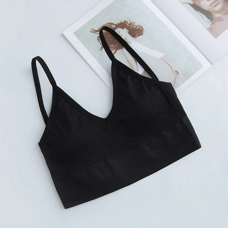 Sujetador Bandeau Sexy Crop Top delgado con tirantes finos sin costuras, Top de