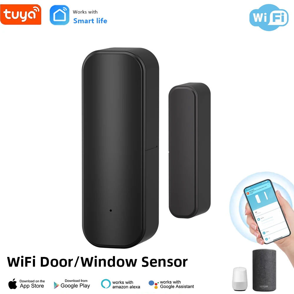 Detector de puerta abierta y cerrada con WiFi, Sensor de ventana Tuya con Notificación de aplicación, alerta, Sensor de contacto para seguridad del hogar, Color negro