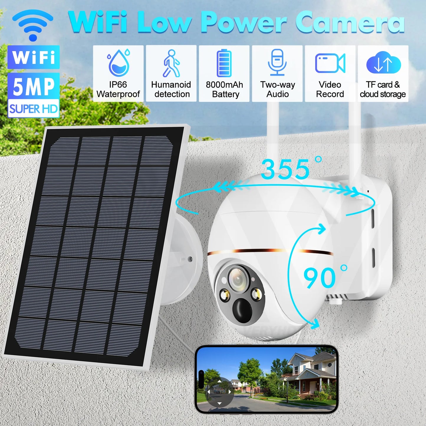 Cámara IP Solar de 5MP con WIFI, videocámara de vigilancia PTZ con batería de 8000mAh, inalámbrica, PIR, seguimiento de personas, CCTV para exteriores, HD, resistente al agua, Zoom 5X camara de vigilancia y ver por el