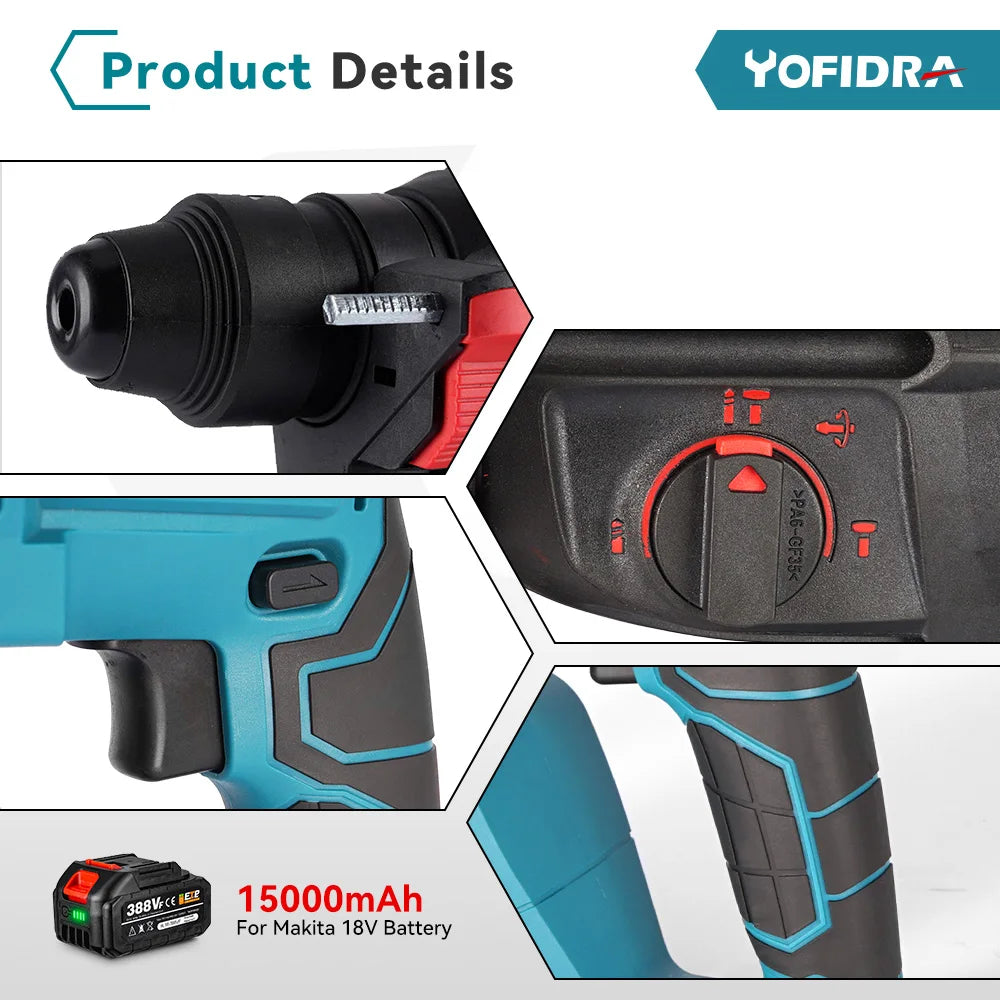 YOFIDRA-martillo eléctrico sin escobillas de 26MM, taladro rotativo multifuncional inalámbrico, herramientas eléctricas recargables para batería Makita de 18V