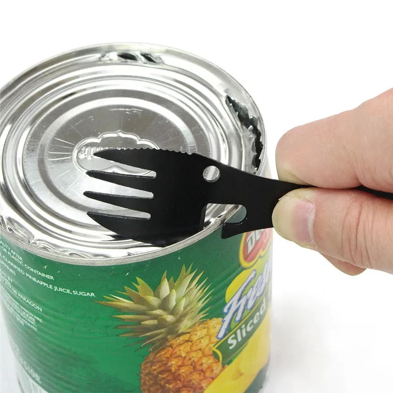 Herramientas de supervivencia al aire libre 5 en 1, Kit EDC multifuncional para acampar, práctico tenedor, cuchillo, cuchara, Abrebotellas/latas