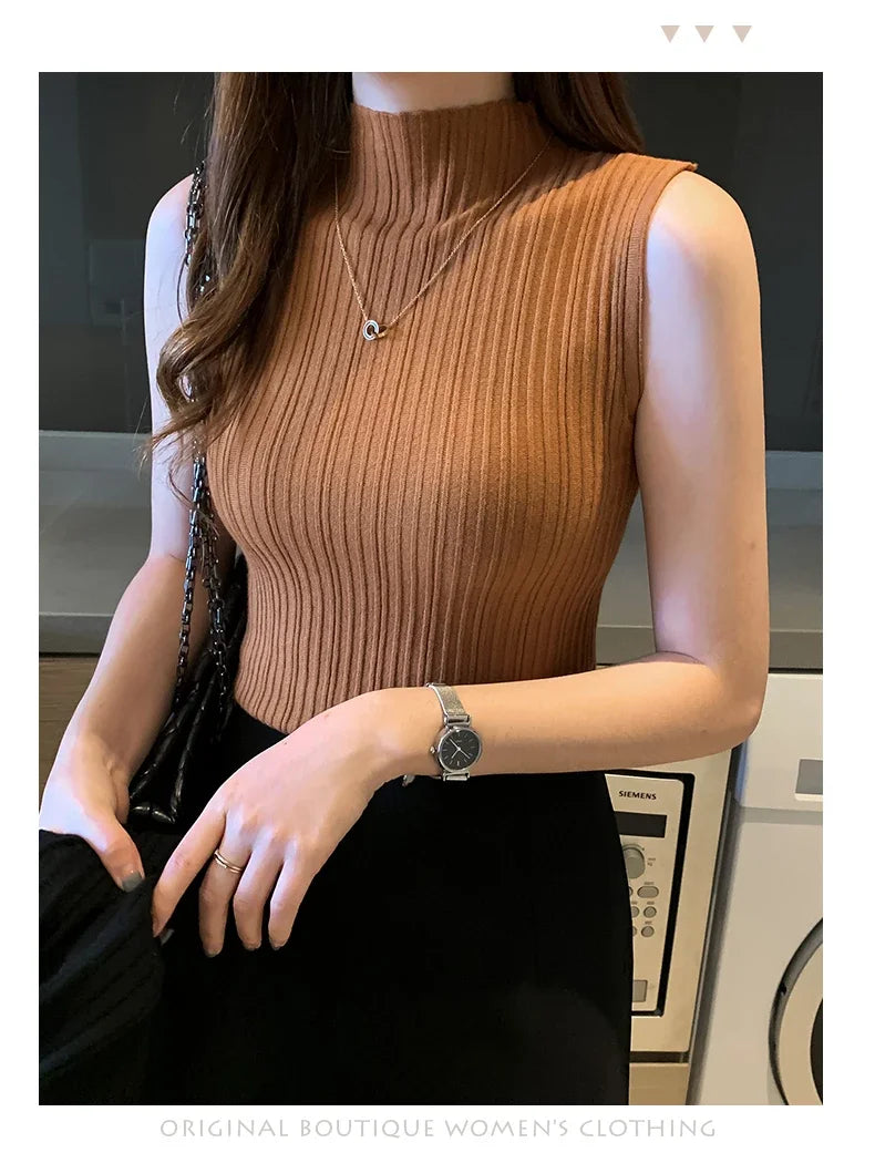 Women's Thin Knitted Sleeveless Sweater Half High Neck Shirt Blouse