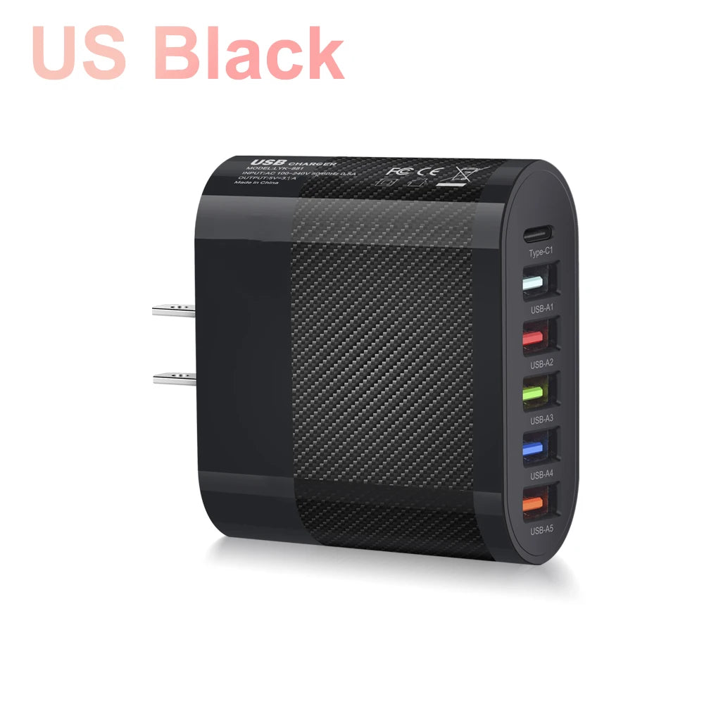 Cargador USB tipo C de 6 puertos, adaptador de carga rápida PD, carga rápida 3,0, enchufe de pared para teléfono iPhone, Samsung, Xiaomi, Huawei, #3